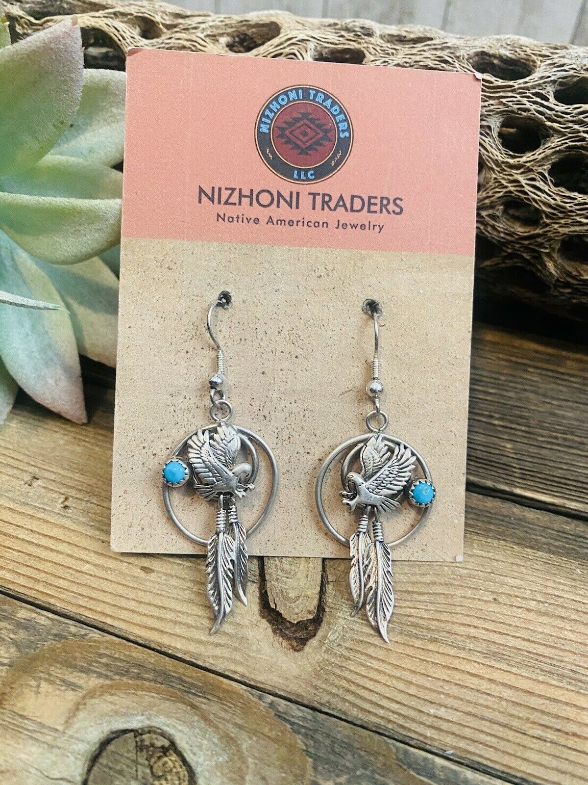 Vintage Old Pawn Navajo Turquoise & Sterling Silver Eagle Dangle Earrings