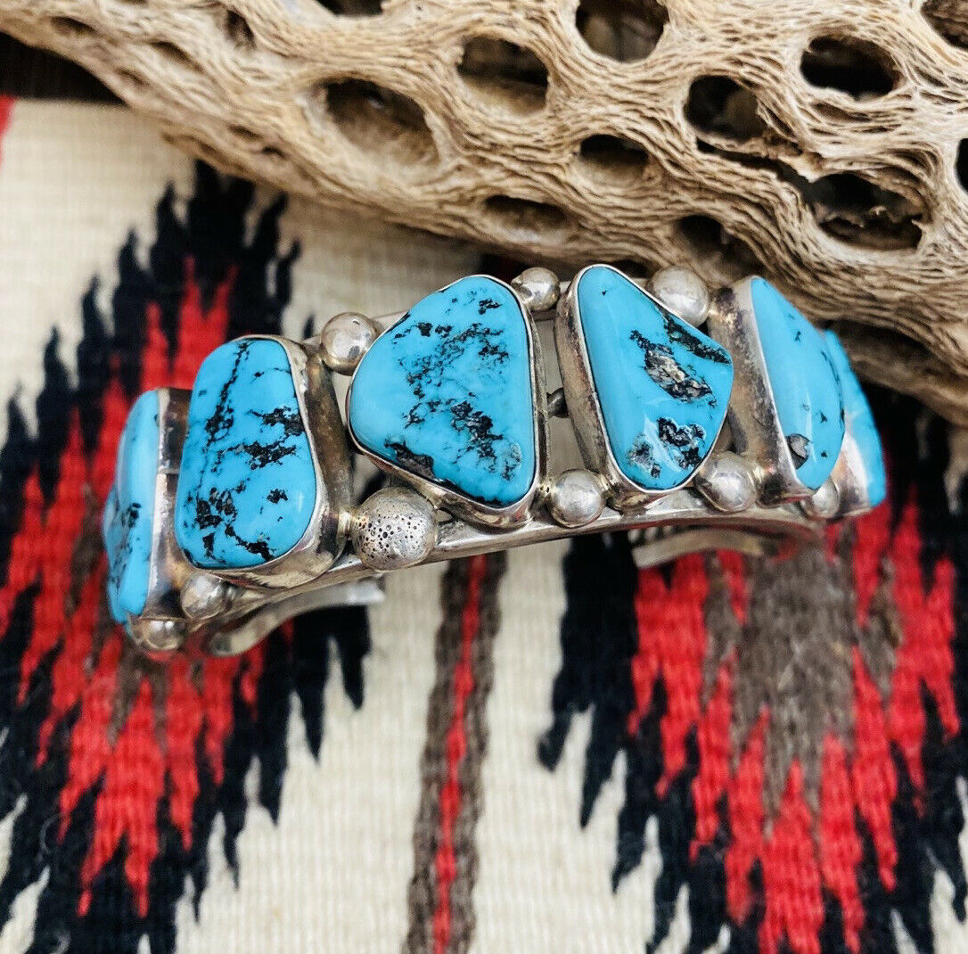 Navajo Old Pawn Vintage Kingman Turquoise & Sterling Silver Cuff Bracelet