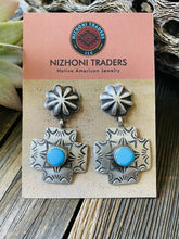 Load image into Gallery viewer, Navajo Turquoise &amp; Sterling Silver Concho Cross Dangle Earrings