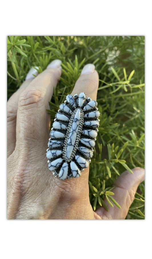 Navajo Sterling Silver and White Buffalo Cluster Ring