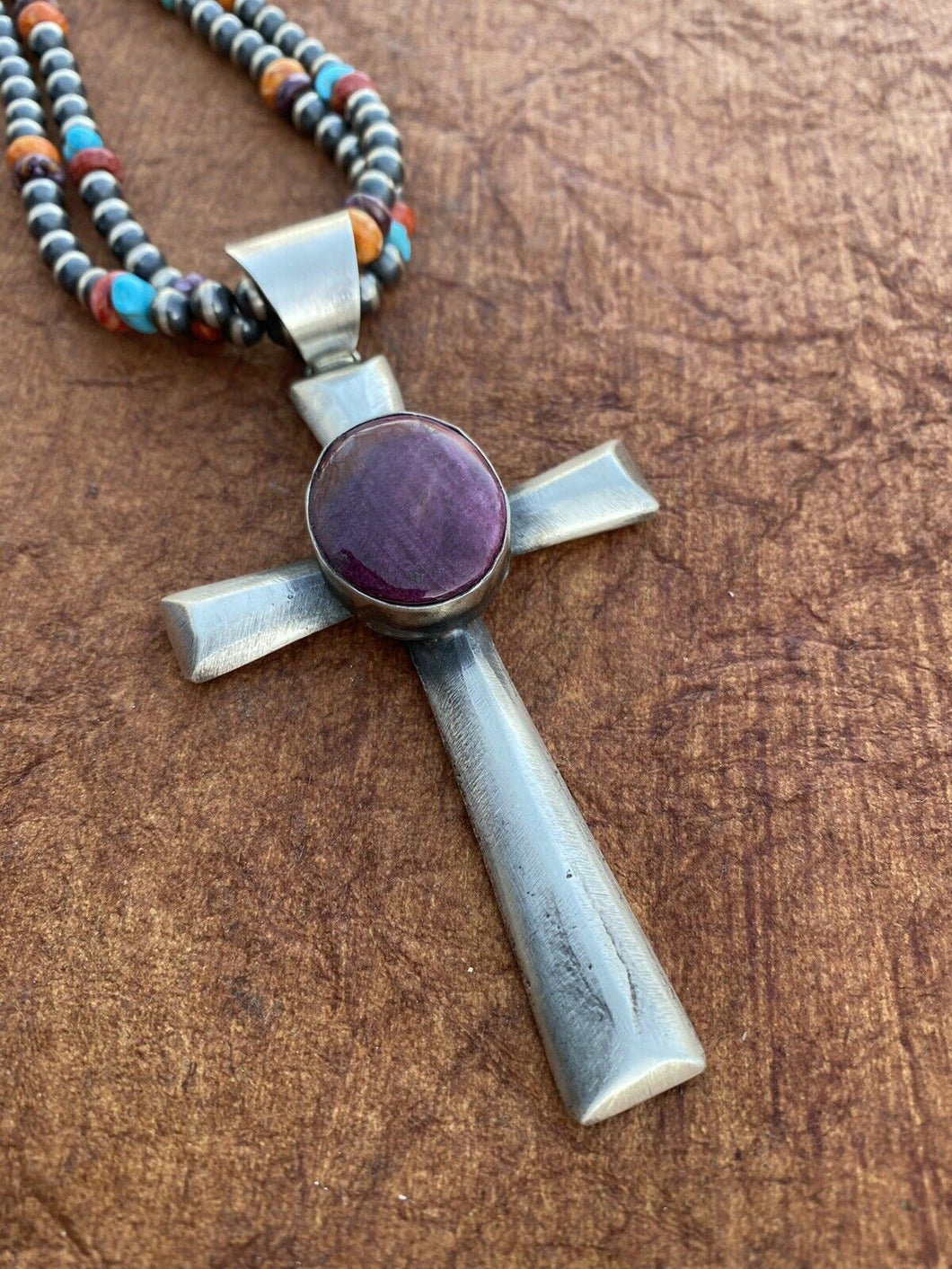 Navajo Sterling Silver & Purple Spiny Shell  Cross Pendant Chimney Butte
