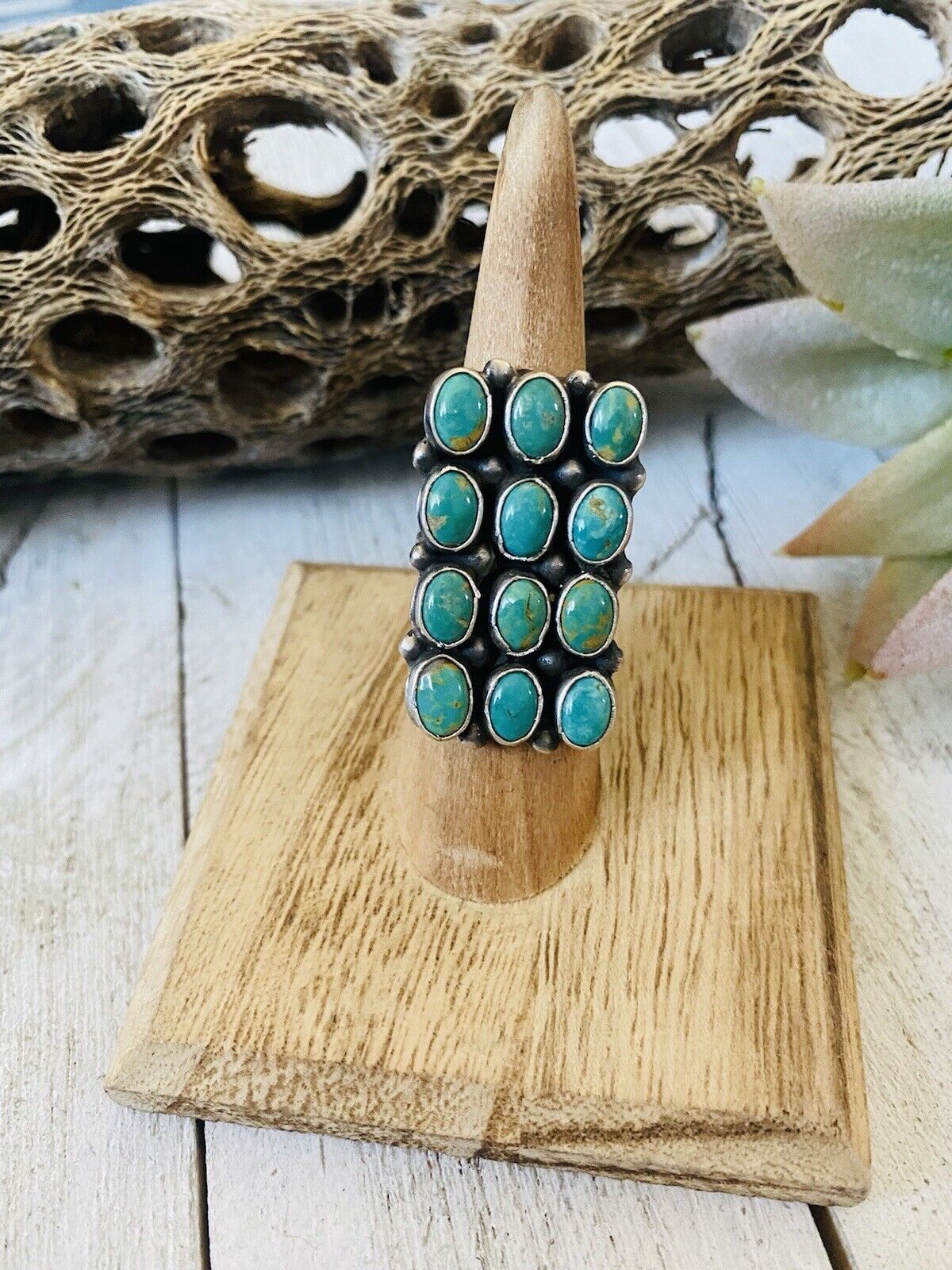 Navajo Turquoise & Sterling Silver Cluster Ring Size 5.5 Signed