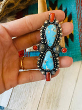 Load image into Gallery viewer, Navajo Sterling Kingman Turquoise &amp; Red Coral Ring Size 8.5 By Shawn Cayatineto