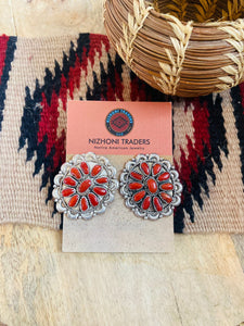 Vintage Navajo Sterling Silver & Coral Cluster Post Earrings Signed