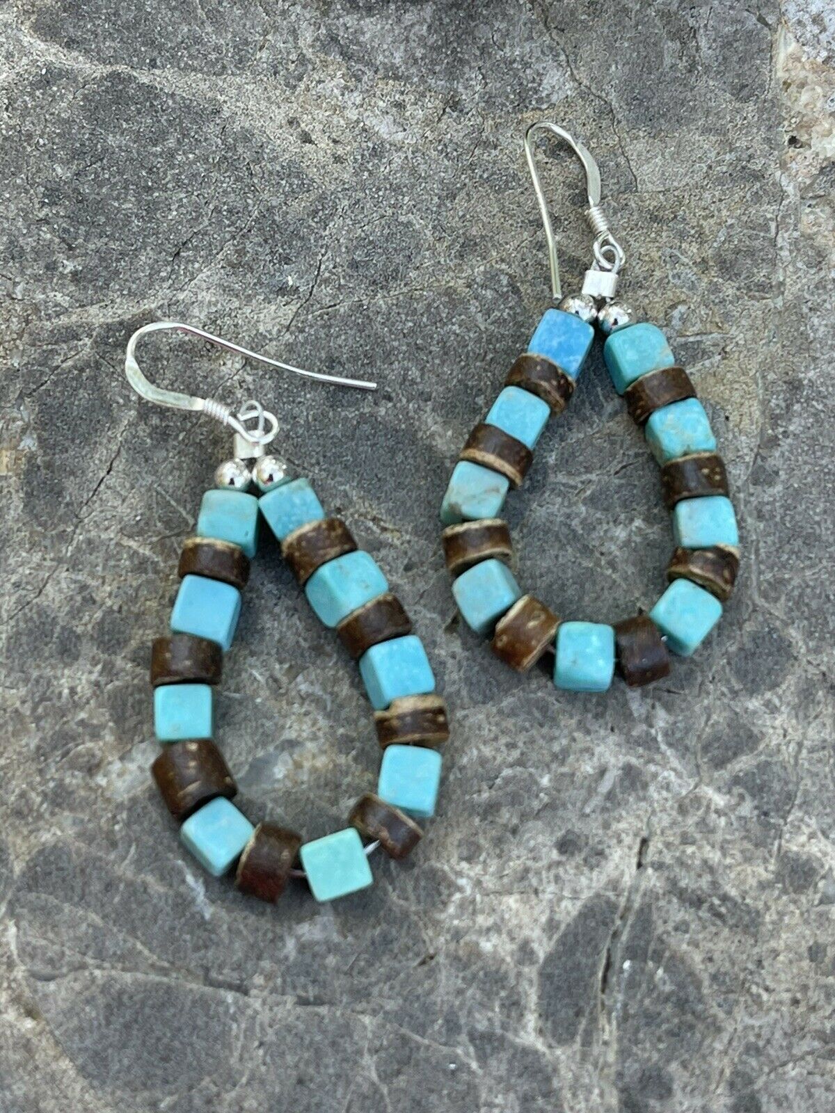 Navajo Turquoise & Jasper Sterling Silver Beaded Dangle Hoop Earrings