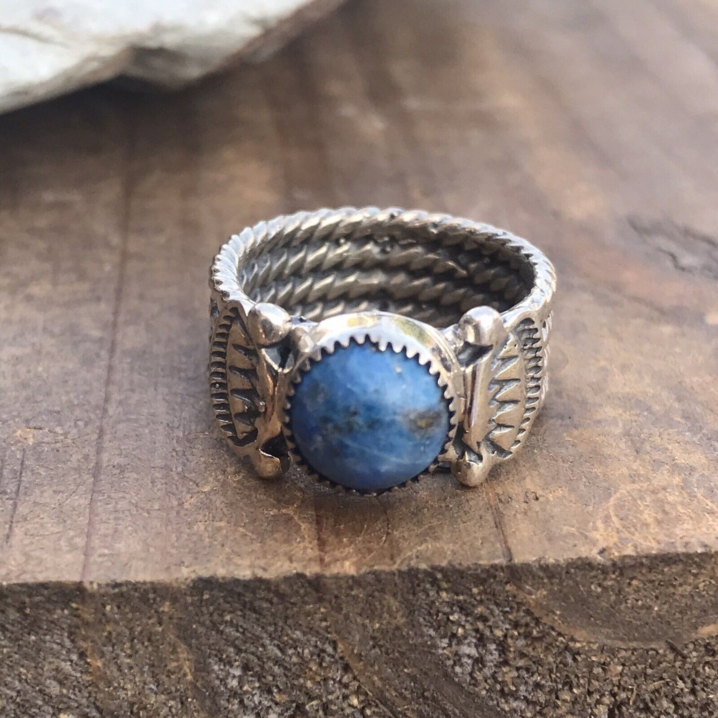 Navajo Sterling Silver Lapis Rope Cigar Band Ring