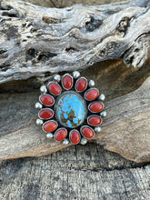 Load image into Gallery viewer, Navajo Sterling Silver Kingman Web Turquoise &amp; Red Coral Taos Ring Sz 8