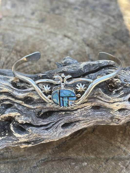 Navajo Blue Opal & Onyx Inlay Sterling Silver Cuff Bracelet