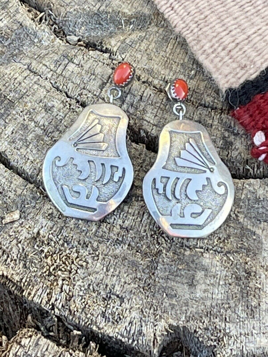 Vintage Navajo Sterling Natural Red Coral Dangle Pottery Earrings