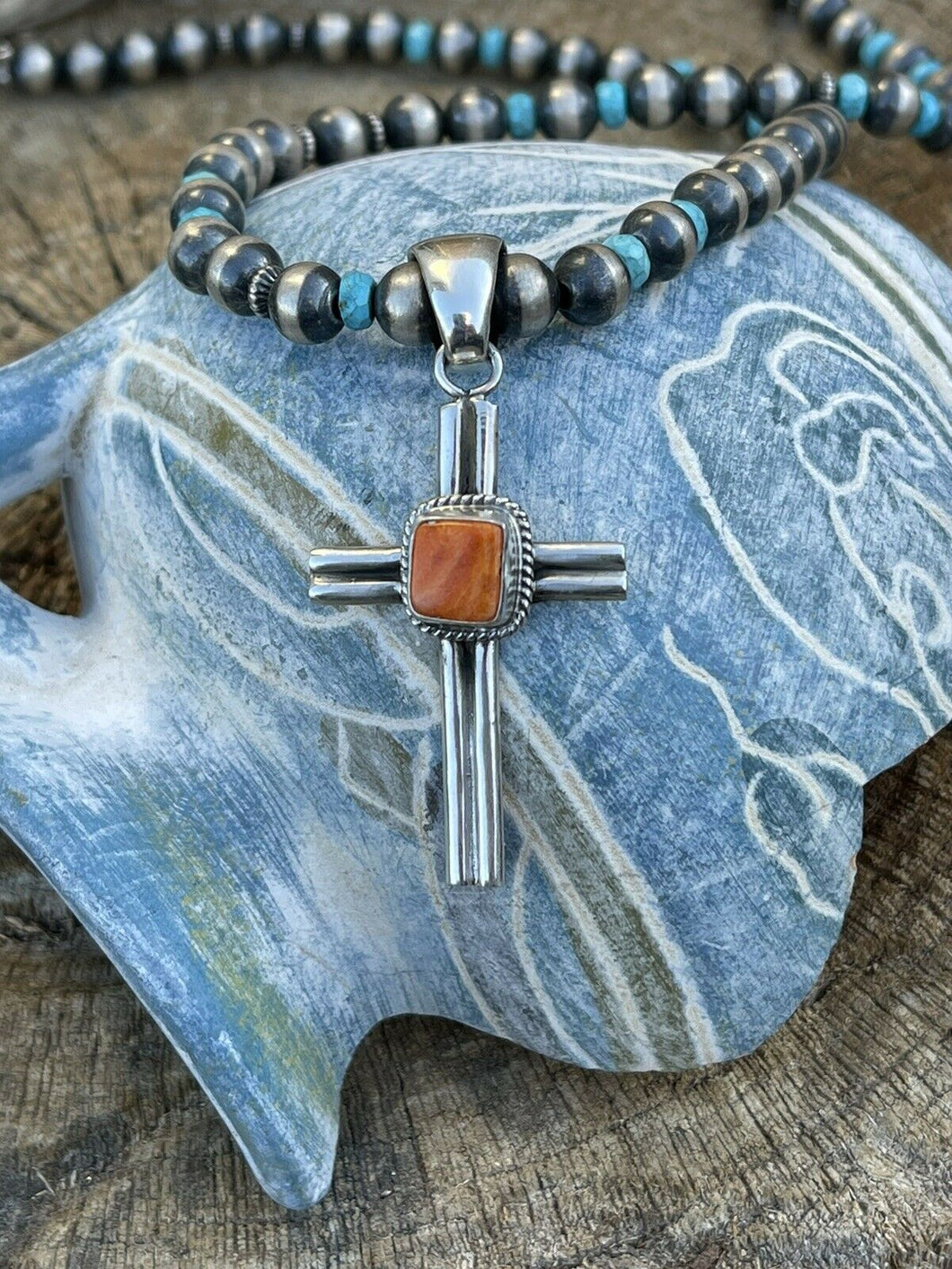 Navajo Sterling Silver & Orange Spiny Shell  Cross Pendant Signed