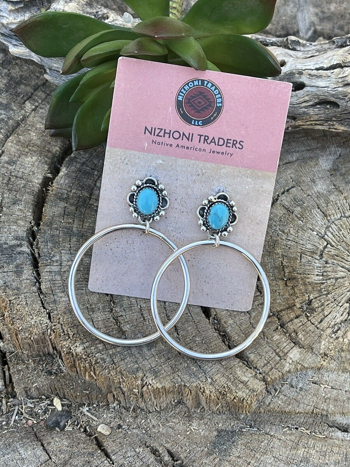 Navajo Turquoise & Sterling Silver Dangle Hoop Earrings