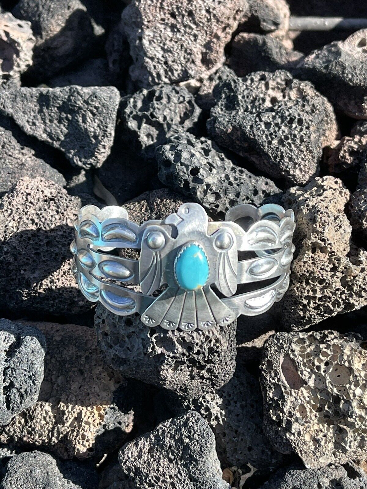 Sterling Silver Navajo Stamped Turquoise Thunderbird Cuff