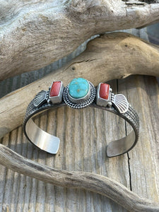Navajo Sterling Silver Red Coral & Turquoise Bracelet Signed M & R Calladitto