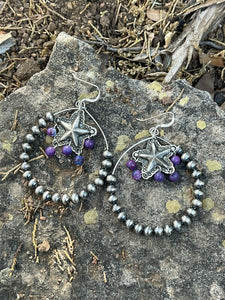 Navajo Sterling Silver Bead Purple Spiny Texas Hoop Earrings