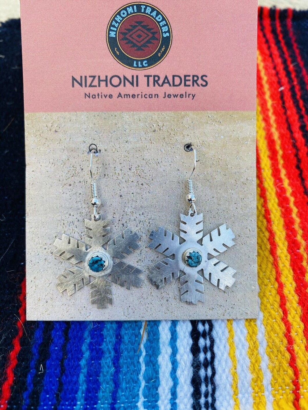 Navajo Sterling Silver & Turquoise Snowflake Dangle Earrings