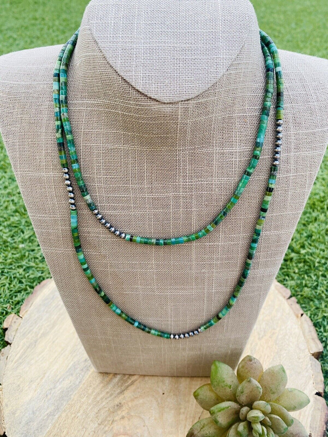 Navajo Turquoise & Sterling Silver Beaded 40 Inch Necklace