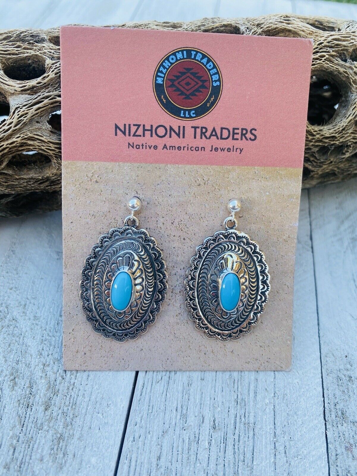 Navajo Sterling Silver & Turquoise Hand Stamped Dangle Earrings