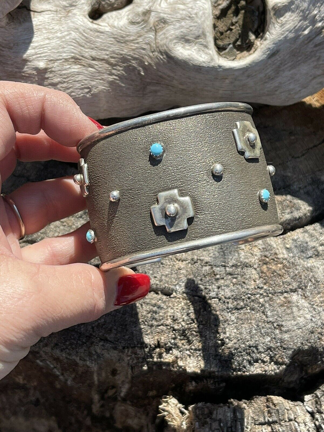 Navajo Sterling Silver Cross Bracelet Cuff With Turquoise Accent Stones Signed
