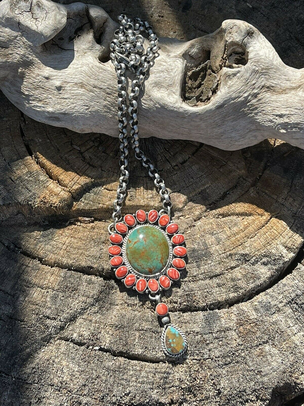 Navajo Tibetan Turquoise & Spiny Sterling Drop Cluster Necklace Signed