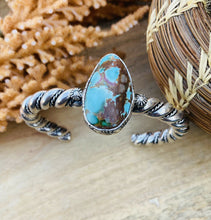 Load image into Gallery viewer, Navajo Hand Stamped Sterling Silver &amp; Royston Turquoise Cuff Bracelet
