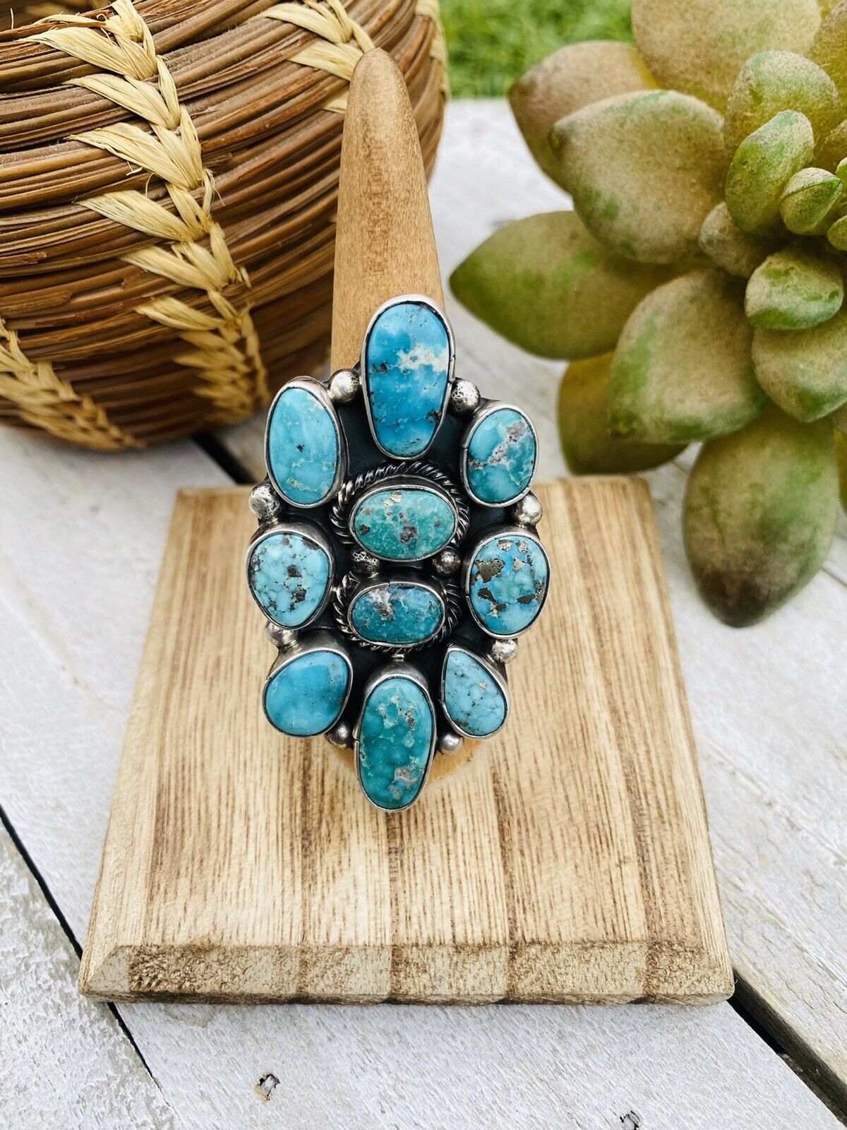 Navajo Turquoise & Sterling Silver Cluster Adjustable Ring