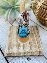 Load image into Gallery viewer, Navajo Turquoise, Coral &amp; Sterling Silver Ring Size 5