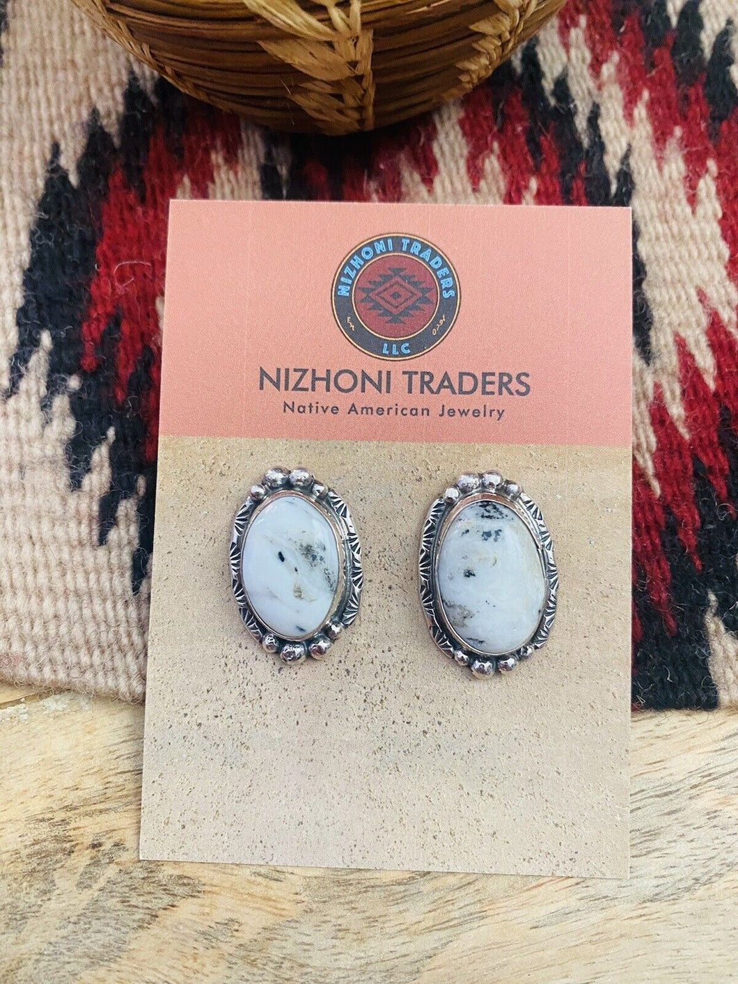 Navajo White Buffalo And Sterling Silver Post Earrings Signed