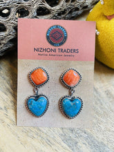 Load image into Gallery viewer, Navajo Sterling Silver, Orange Spiny &amp; Turquoise Heart Dangle Earrings