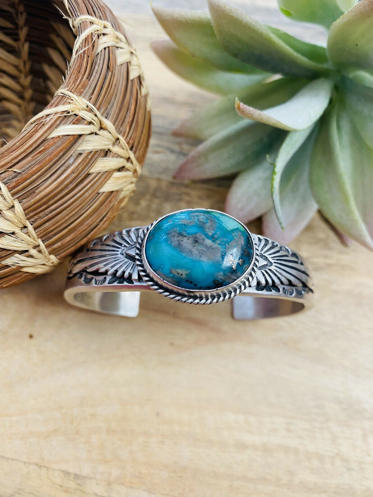 Navajo Sterling Silver & Royston Turquoise Cuff Bracelet Signed