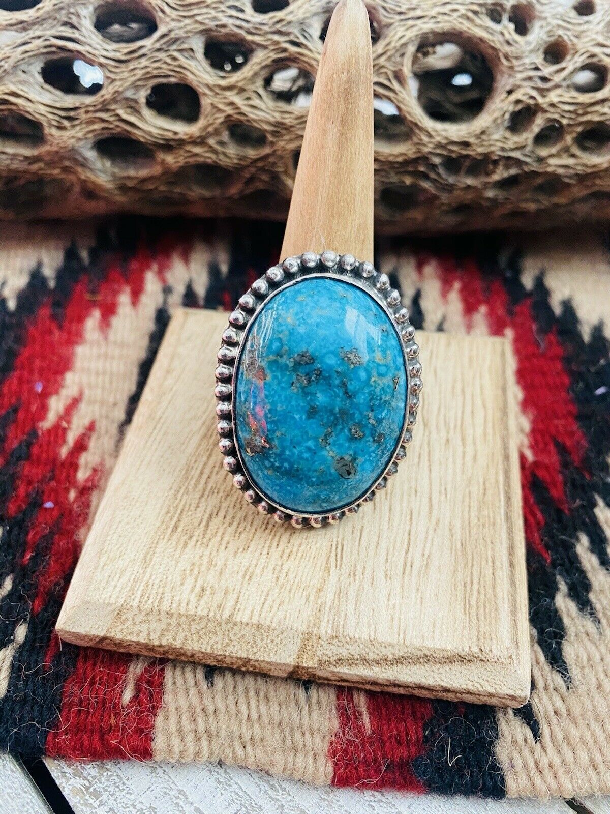 Navajo Kingman Turquoise & Sterling Silver Statement Ring Size 9 Signed