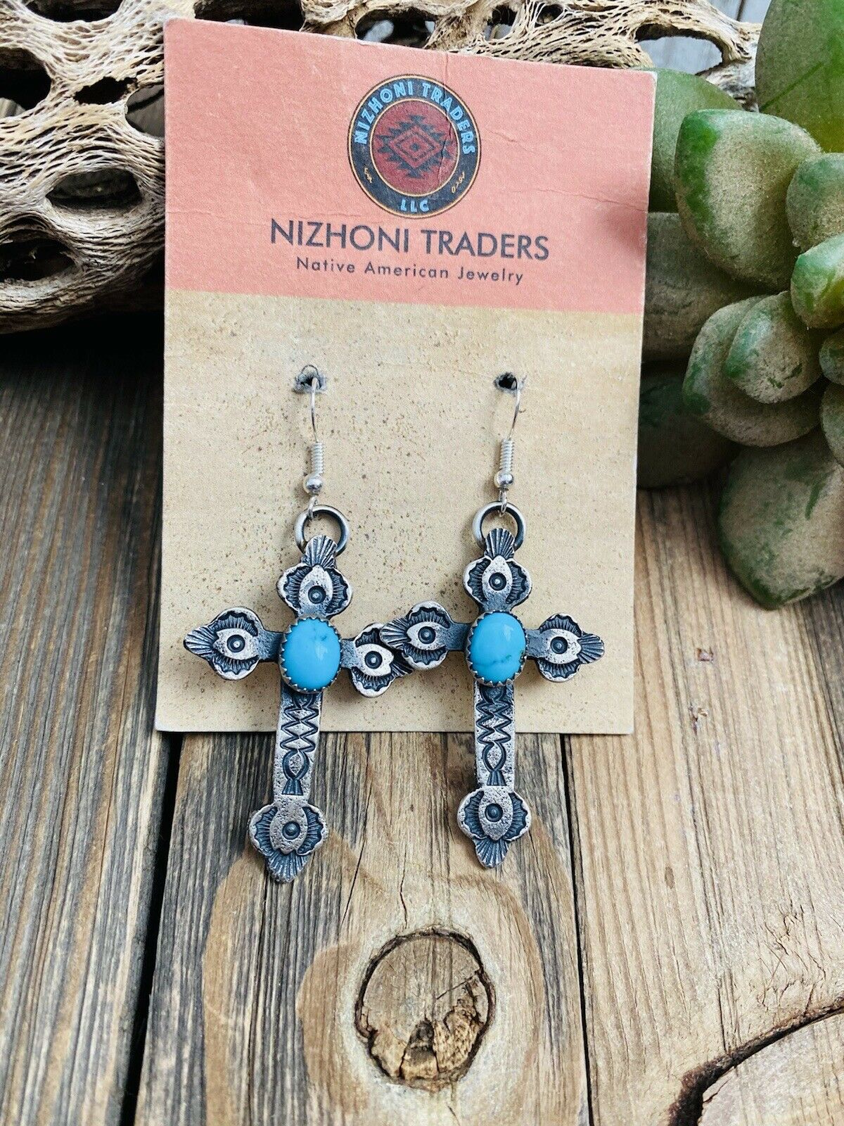 Navajo Turquoise & Sterling Silver Cross Dangle Earrings By Kevin Billah