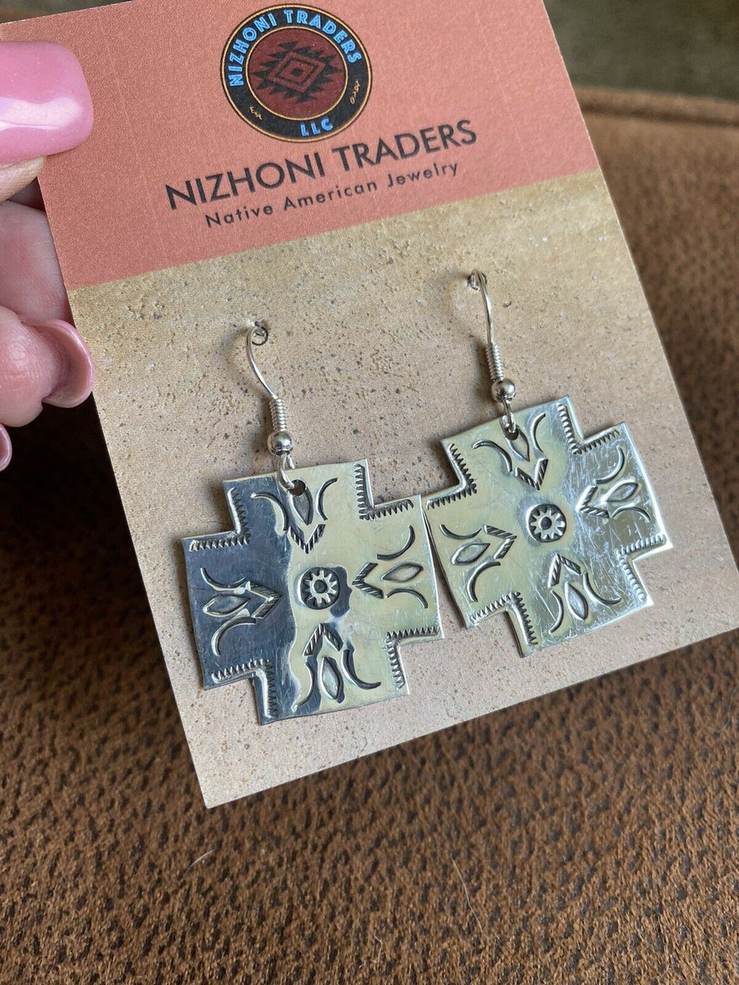Navajo Sterling Silver Hand Stamped Cross Dangle Earrings Signed