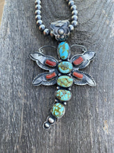 Load image into Gallery viewer, Shawn Cayatenito Sterling Silver Kingman  Turquoise &amp; Coral Dragonfly Pendant
