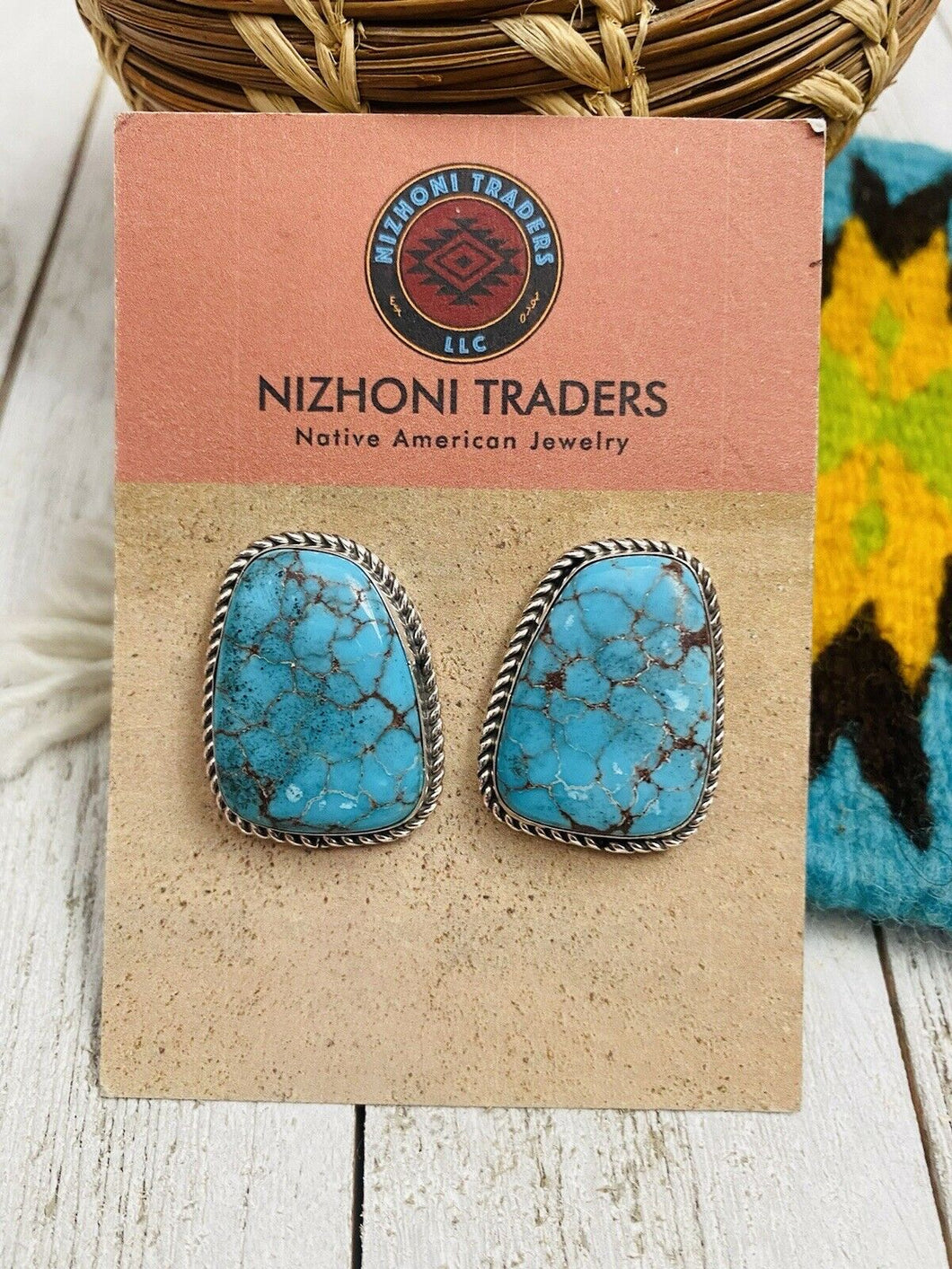 Navajo Kingman Turquoise & Sterling Silver Stud Earrings Signed