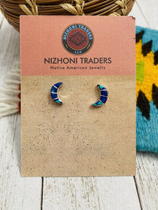Zuni Sterling Silver And Azurite Inlay Moon Stud Earrings