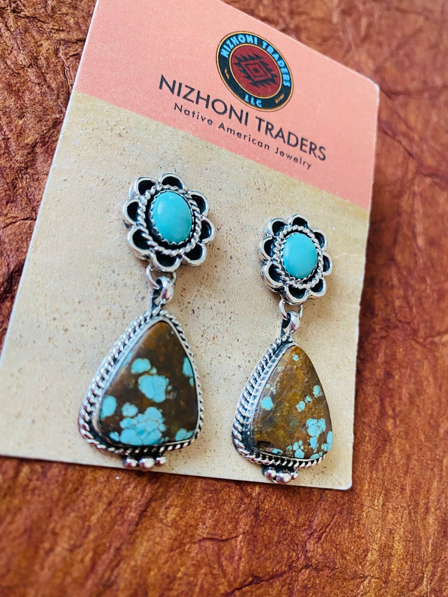 Navajo Number 8 Turquoise & Sterling Silver Flower Dangle Earrings