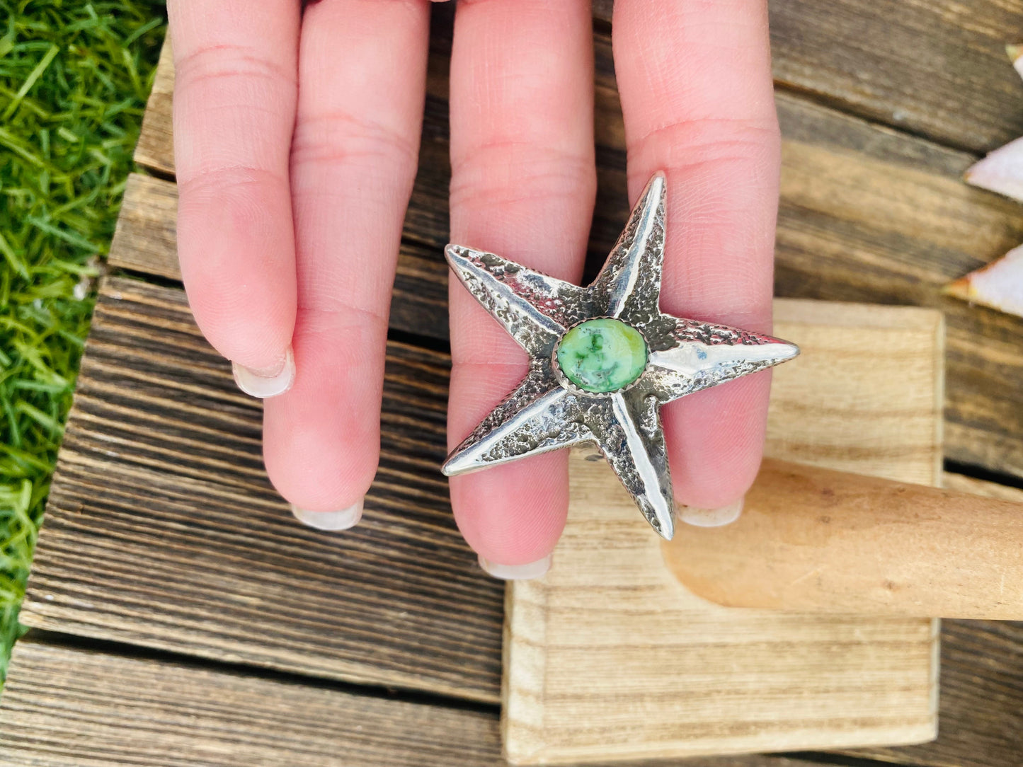 Navajo Turquoise & Sterling Silver Star Ring Size 8.5 Signed