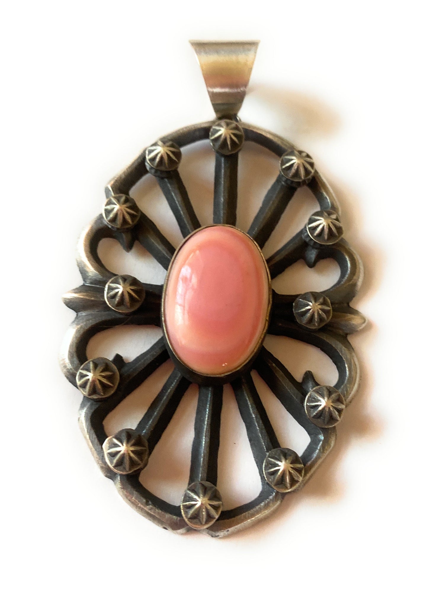 Navajo Queen Pink Conch Shell & Sterling Silver Statement Pendant By Chimney Butte