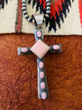 Load image into Gallery viewer, Navajo Queen Pink Conch Shell &amp; Sterling Silver Cross Pendant By Chimney Butte
