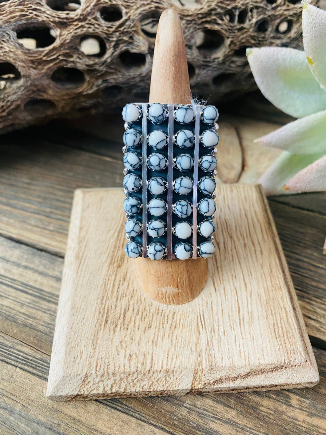 Navajo Sterling Silver & White Buffalo Snake Eye Ring