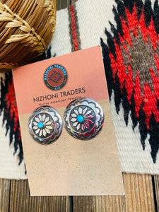 Navajo Turquoise & Hand Stamped Sterling Silver Concho Post Earrings