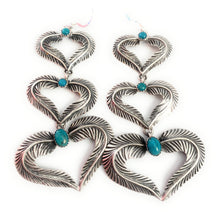 Load image into Gallery viewer, Navajo Turquoise &amp; Sterling Silver Feather Heart Dangle Earrings