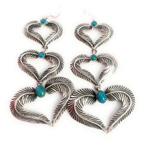 Navajo Turquoise & Sterling Silver Feather Heart Dangle Earrings