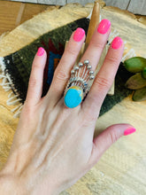 Load image into Gallery viewer, Navajo Royston Turquoise &amp; Sterling Silver Crown Ring Size 7.5