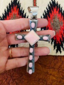 Navajo Queen Pink Conch Shell & Sterling Silver Cross Pendant By Chimney Butte