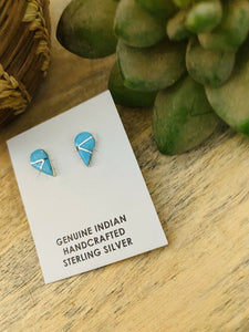 Zuni Sterling Silver And Turquoise Inlay Tear Drop Stud Earrings