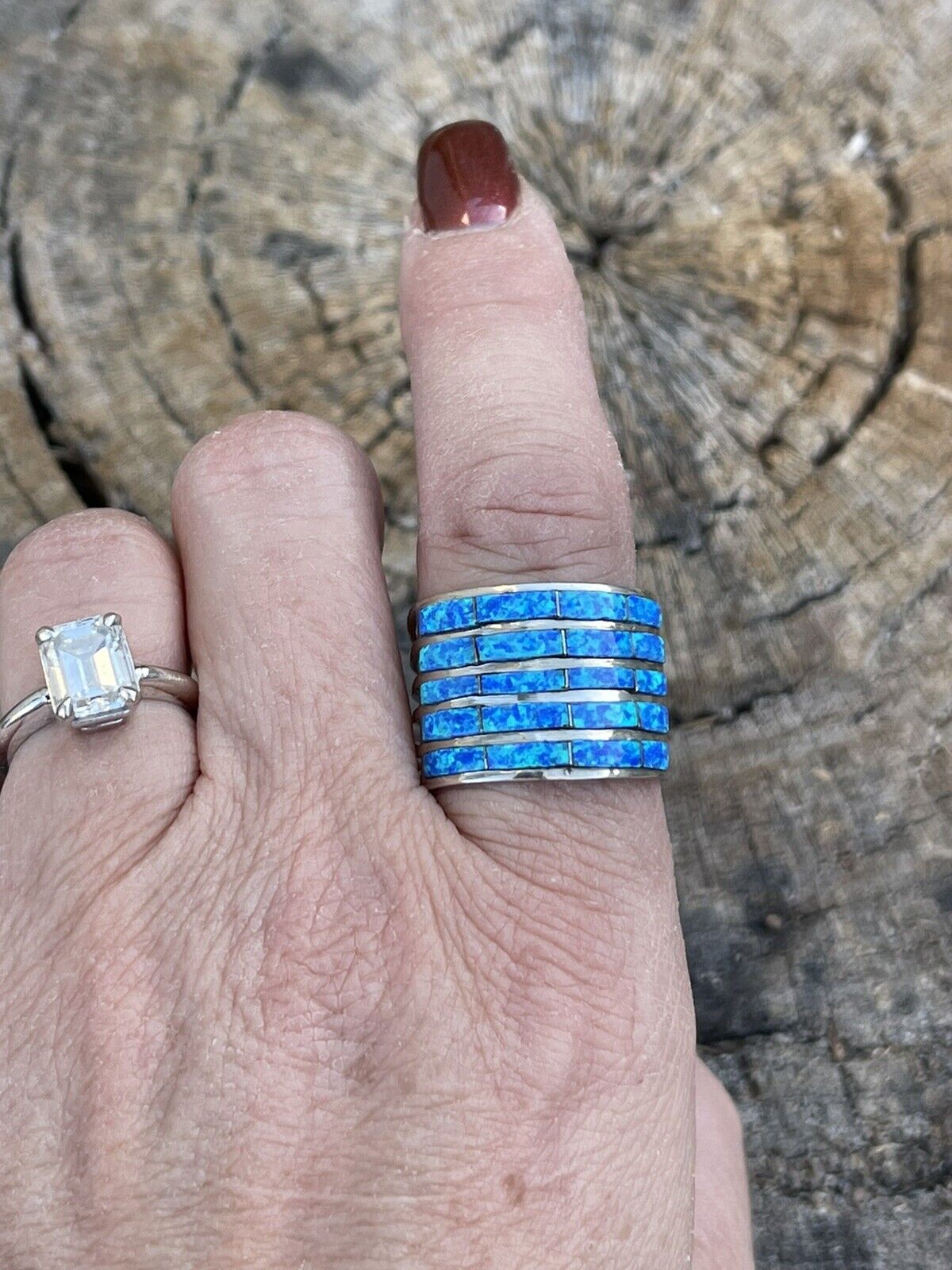 Zuni Sterling Silver Blue Opal 5 Row Inlay Ring