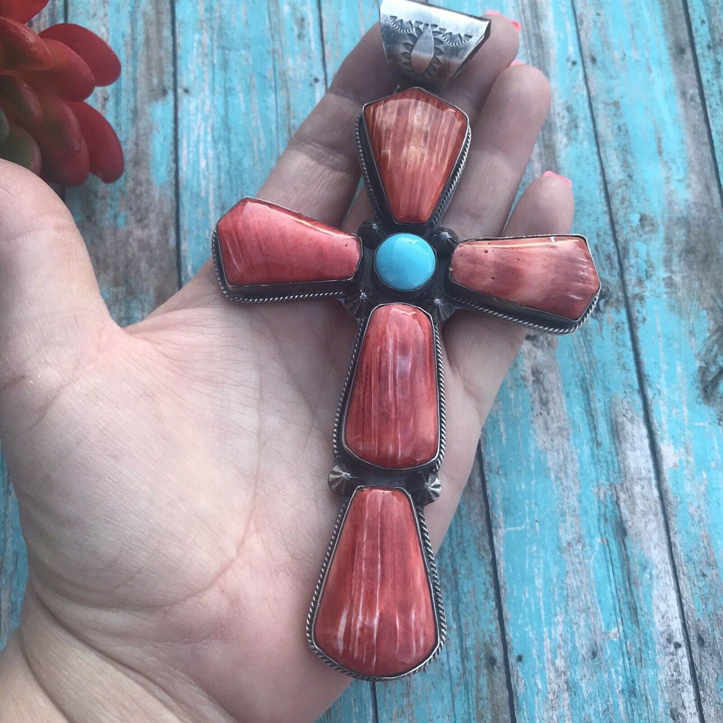 Navajo Sterling Silver Turquoise Spiny Statement Cross Pendant Signed