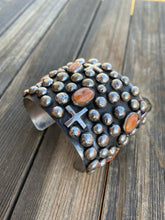 Load image into Gallery viewer, Navajo Sterling Silver &amp; Orange Spiny Cross Bracelet By Chimney Butte Signed