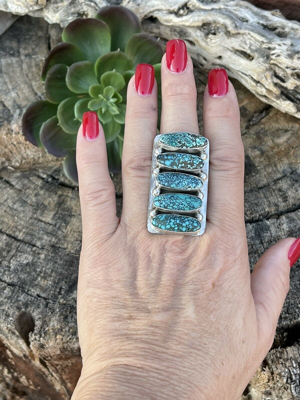 Navajo Blue Oval Turquoise & Sterling Silver Ring Sz 8 Signed